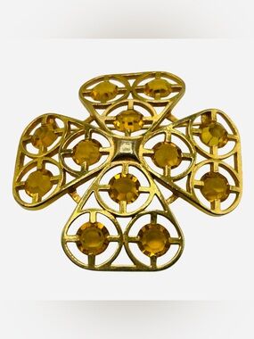 Vintage Golden Topaz Glass Maltese Cross Brooch